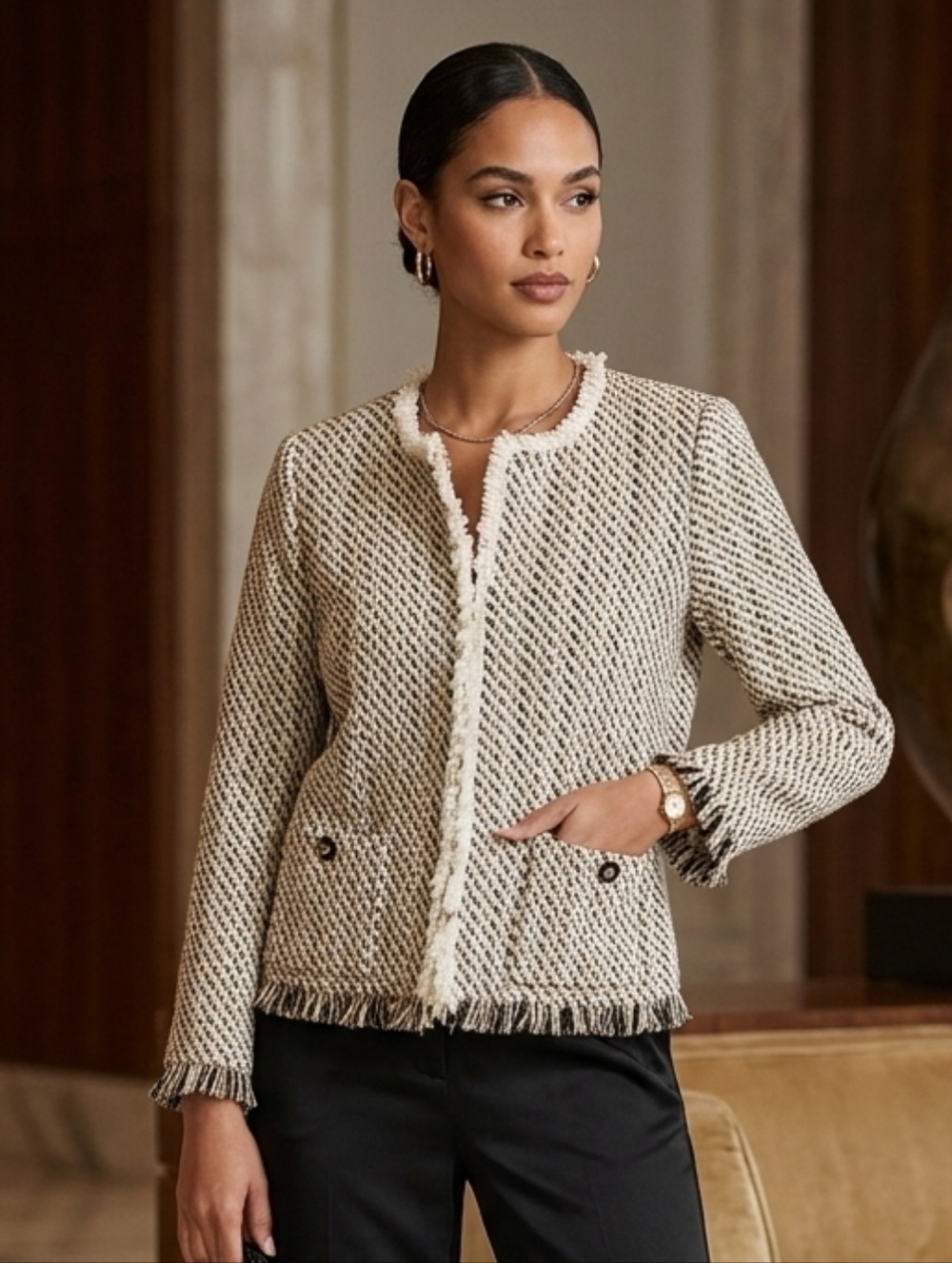 Spartina 449 Black & White Fringe Tweed Blazer Jacket - Size S